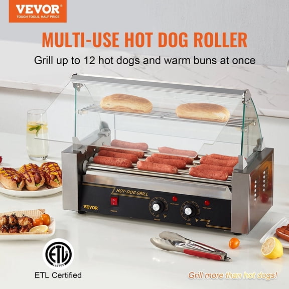 5-Roller Hot Dog Cooker, 12-Capacity Stainless Steel Sausage Grill with Dual Temp Control, Bun Warmer & Oil Drip Tray – ETL Certified