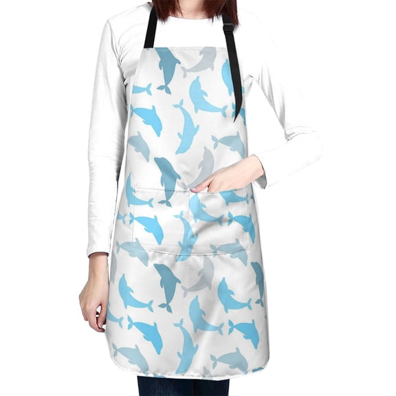 Dolphin Figures Underwater Ocean Waterproof Apron With 2 Pockets, Adjustable Oxford Kitchen Aprons For Cooking, Baking, Gardening, Painting & Grooming, Chef Bib For Women & Men
