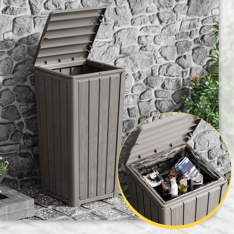Bifanuo Outdoor Trash Can with Lid, Waterproof Resin Garbage Can with Tiered Lid, Outside Trash Bin for Patio, Kitchen, Backyard or Deck