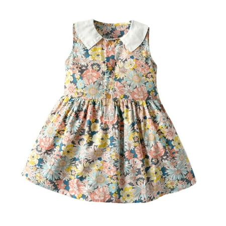 Toddler Kids Baby Girls Summer Retro Print Sleeveless Dress Princess Dress Discount Chirstmas Gift Beige