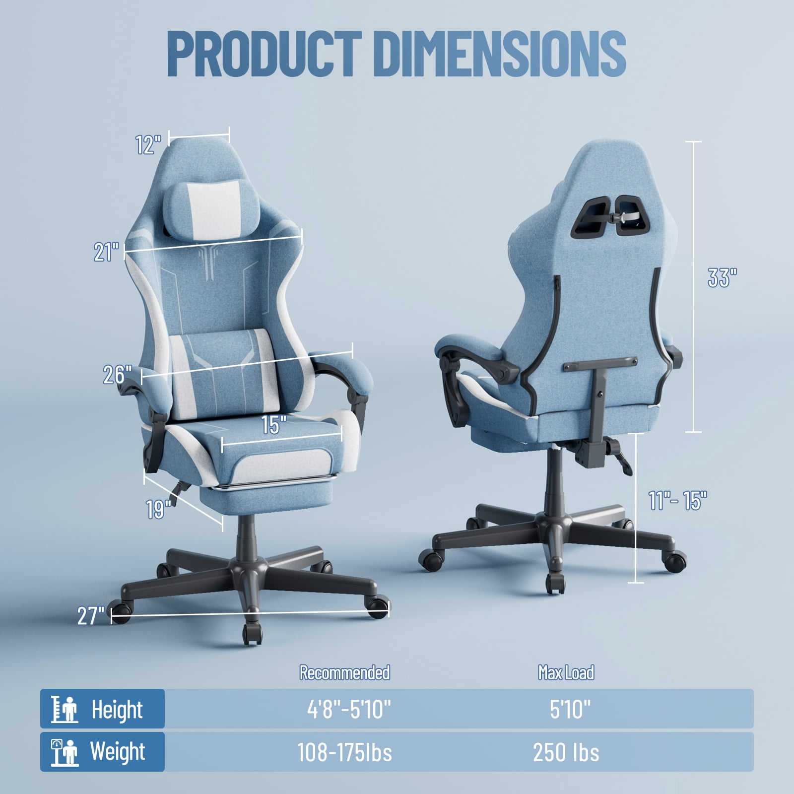 SOONTRANS Gaming Chair for Adults, Leather Office Chair with Footrest & Massage Lumbar Support, High Back Gamer Game Chairs, Blue/White