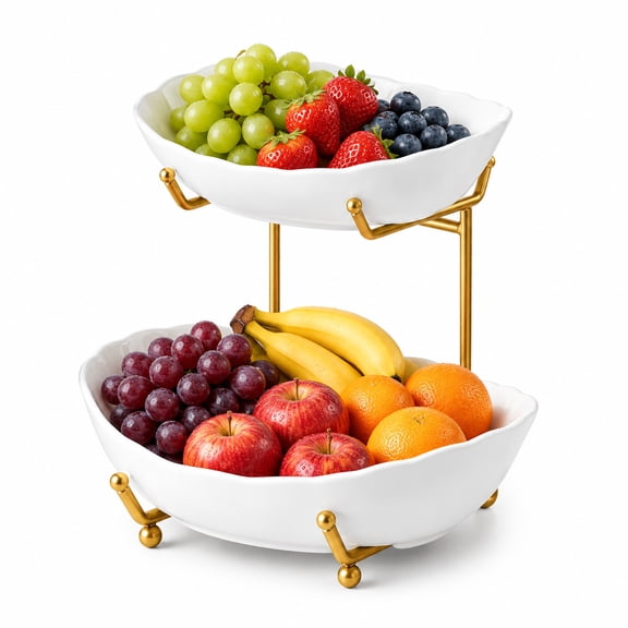 2-Tier Wave Edge Fruit Bowl with Stand, Gold & White Countertop Fruit Tray, Multi-Layer Decorative Snack Serving Tray for Kitchen Table & Party