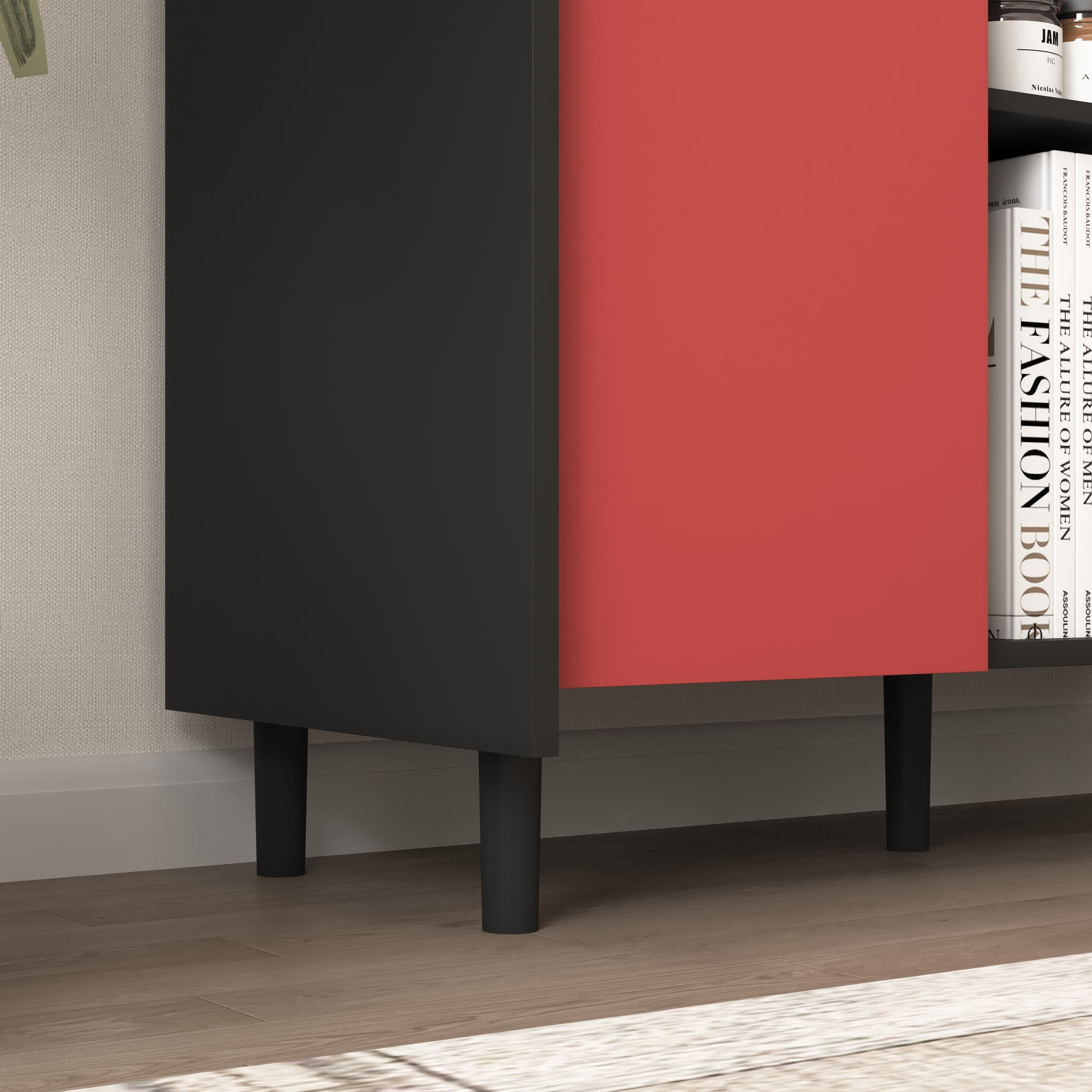 Noble House Sideboard Buffet Cabinet with 2 Drawers and Open Compartments, Black and Red