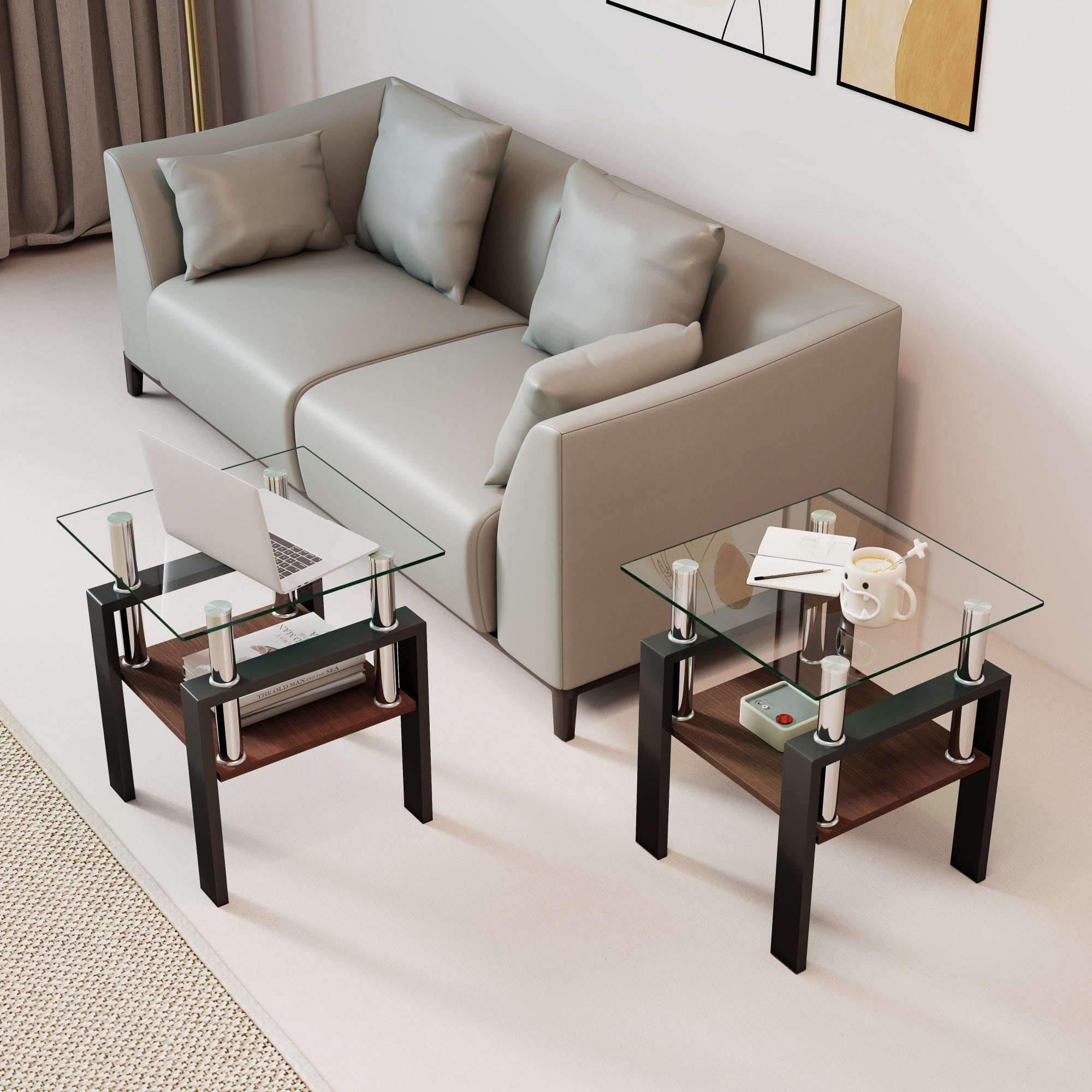Euroco Set of 2 Modern Tempered Glass Tea Table,Tempered Glass Tabletop with MDF Layer,Coffee Table,End Table, Square Table for Living Room, Transparent/Black
