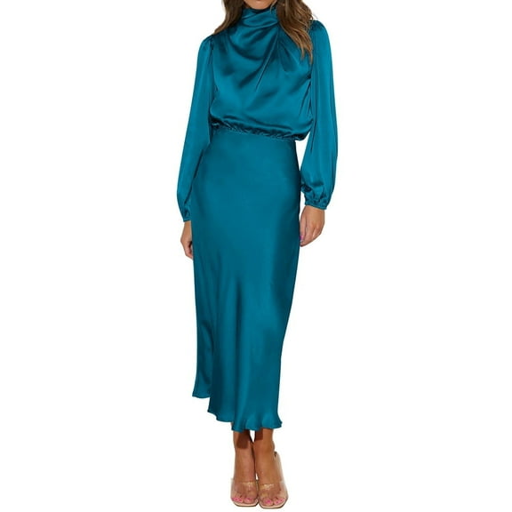 IDOPIP Women's Elegant Long Sleeve Satin Dress Mock Neck Elastic Waist Cocktail Party Maxi Dress