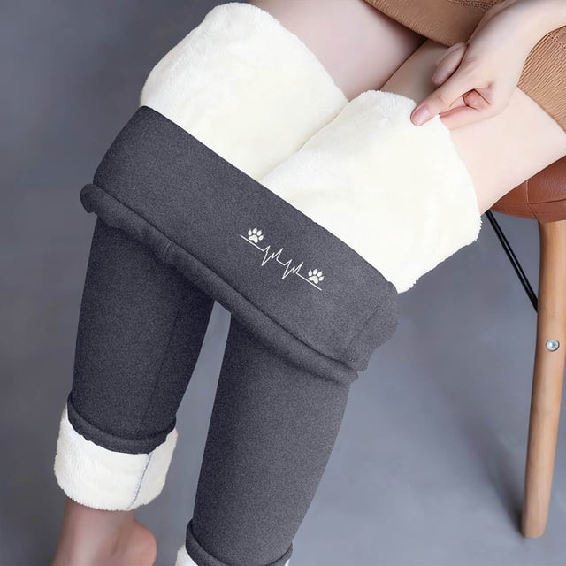 Leggings de lana de cordero gruesa para mujer, pantalones largos con estampado pequeño y forro polar añadido, pantalones de poliéster para mujer