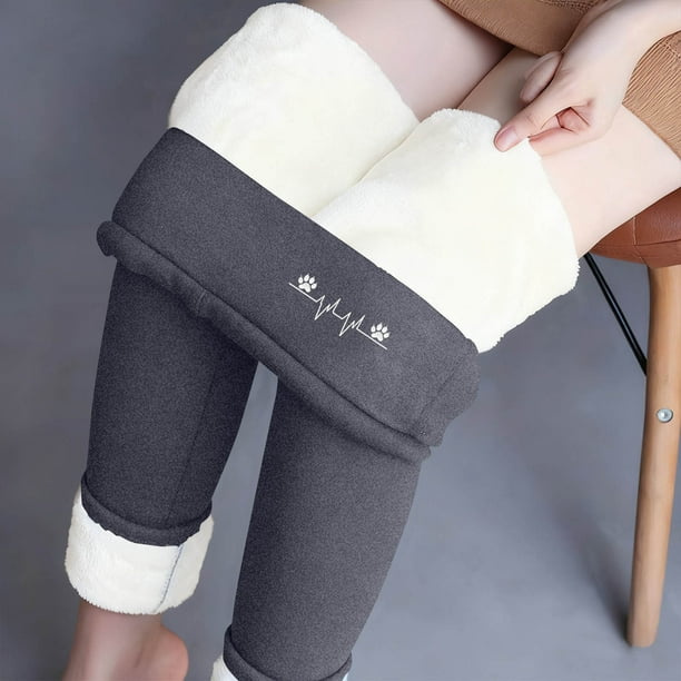 Leggings de lana de cordero gruesa para mujer, pantalones largos con estampado pequeño y forro polar añadido, pantalones de poliéster para mujer
