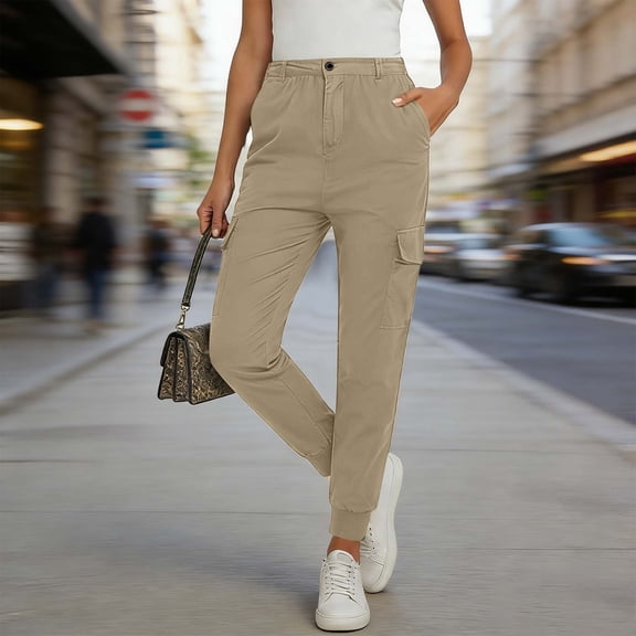 Xdegoge Women's High Waist Cargo Joggers Casual Tapered Leg Trousers Elastic Cuffs Outdoor Wear Utility Style Dailywear Solid Color Bottoms with Button Closure & Side Pockets