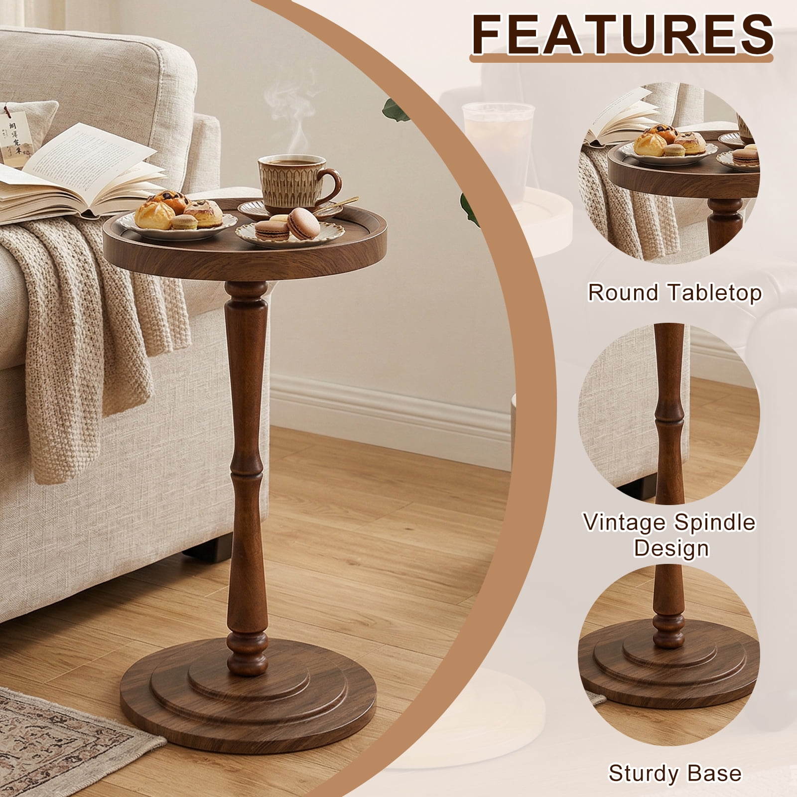 ManyFun Round Side Table, Wood Drink Table for Small Spaces, Round End Table for Living Room, Bedroom, Sofa Couch, Corners (Brown Spindle-shaped)