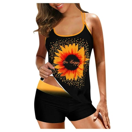

Women Plus Size Printed Strappy Back Tankini Set 2PCS Swimdress Panty Bathing Suit