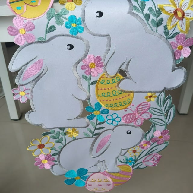 M Easter Table Runner Decoration, Embroidered Bunny Eggs Tablecloth With Hollow Design And Novel Pattern For Dining Table, Party And Home Decor