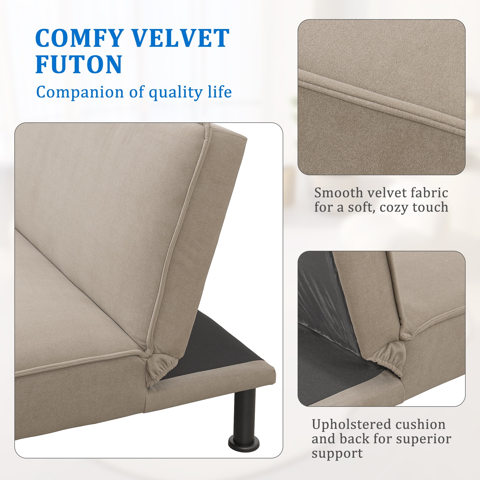 Resenkos Modern Fabric Sofa Couch Upholstered Futon Sofa Bed Loveseat, Tapered Metal Legs in Black Color, Khaki Resenkos Modern Fabric Sofa Couch Upholstered Futon Sofa Bed Loveseat, Tapered Metal Legs in Black Color, Khaki