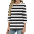 thumbnail image 2 of cfhntfmh Chemises à Rayures d'Automne pour Femmes Coupe Ample Hauts Décontractés T-Shirts à Col Rond Mode T-Shirt à Manches 3/4 Vêtements Confort, 2 of 5