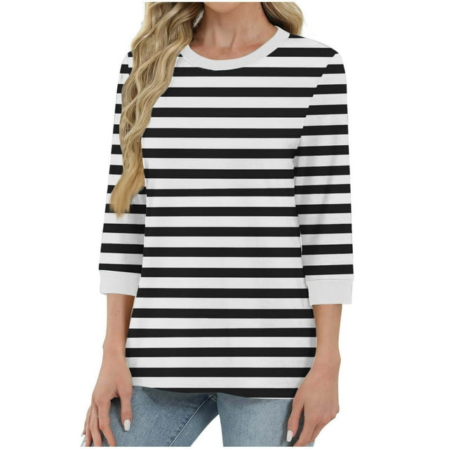 Fall Savings Horkkom 3/4 Length Sleeve Womens Tops Crew Neck Color Block Striped Shirt Fall Casual Tops 2XL