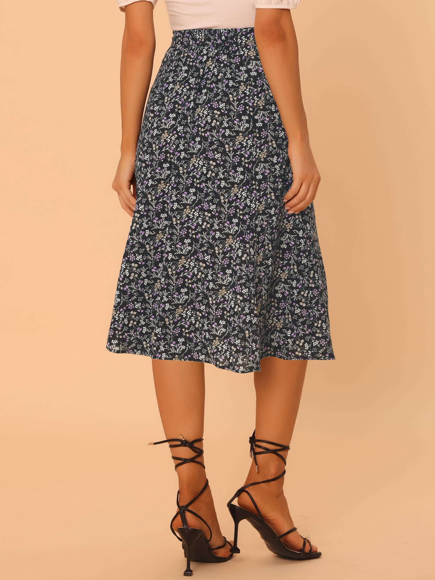 DARING DIVA Women's Elastic Waist A-Line Floral Print Midi Skirt L Black Purple