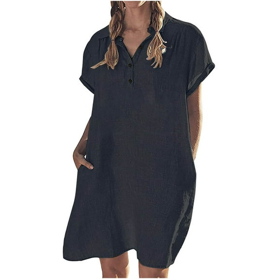 BUIgtTklOP Dresses For Women 2023 Clearance!Casual Cotton And Linen Short Sleeve Lapel Button Solid Color Dress