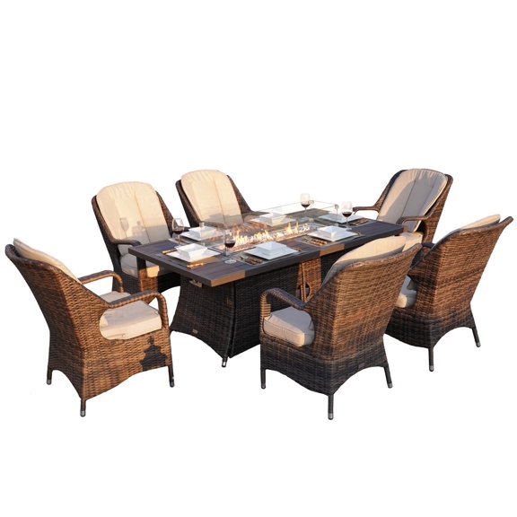 Direct Wicker 7-Piece Patio Rattan Dining Set with Aluminium Fire Pit Table - Brown