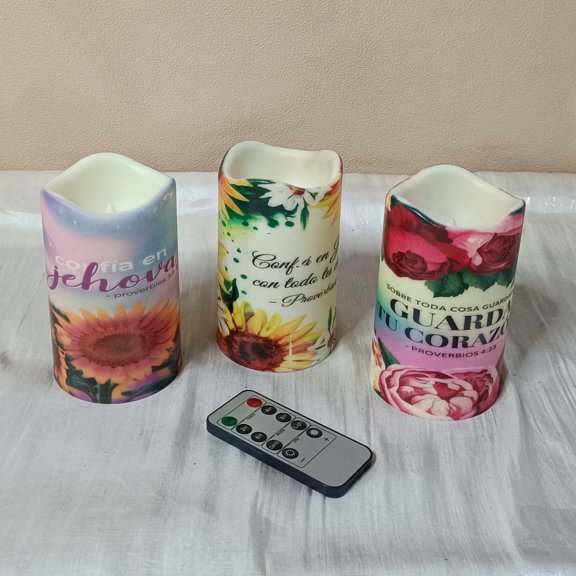 Flameless Candles with Spanish Style Pattern Battery Operated LED Candles with Remote Control,Printed Pillar LED Candles for Wedding Holiday Table Home Decorations,Set of 3