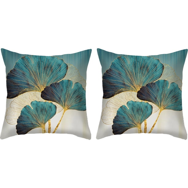 Funda de almohada corta de felpa con hoja de Ginkgo, color verde y dorado, funda de cojín para sofá