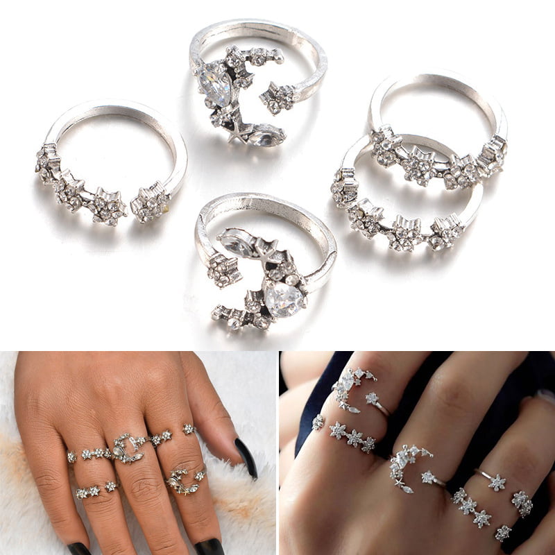 5Pcs/Set Retro Silver Star Flower Crystal Stackable Sparkly Rings Boho Jewelry T
