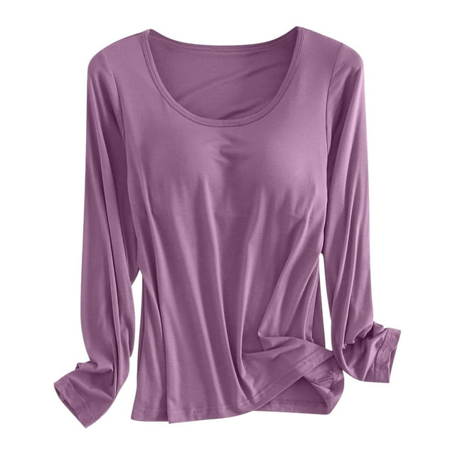 Built In Bra T Shirt For Womens Padded Long Sleeve Tops Active Blouses Soft Pajama Casual Shirts For Workout