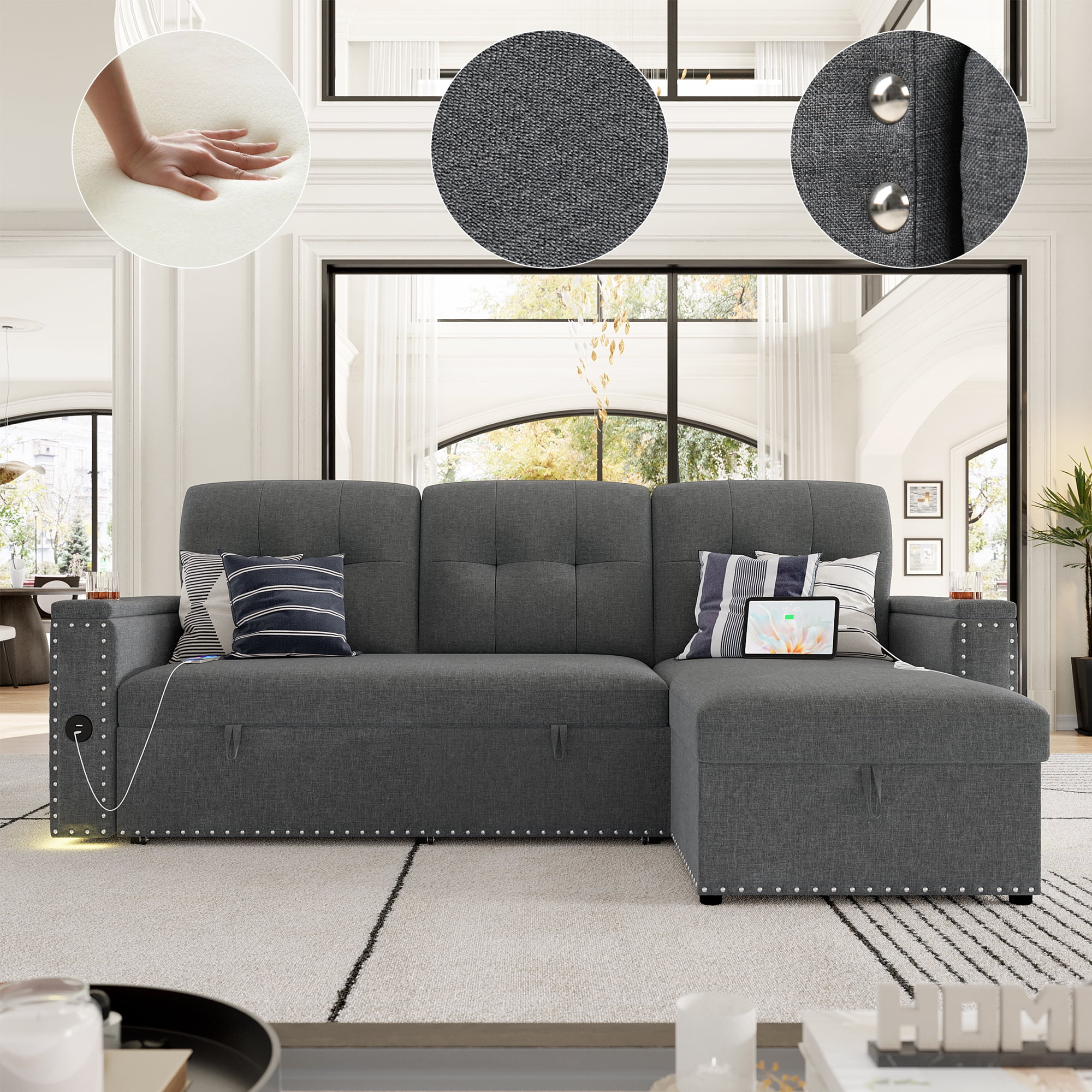 Homfa Gray Sofa Bed with Storage & USB Charging Port, L Shaped Sofa Bed Couches with Storage & Pull out Bed for Living Room