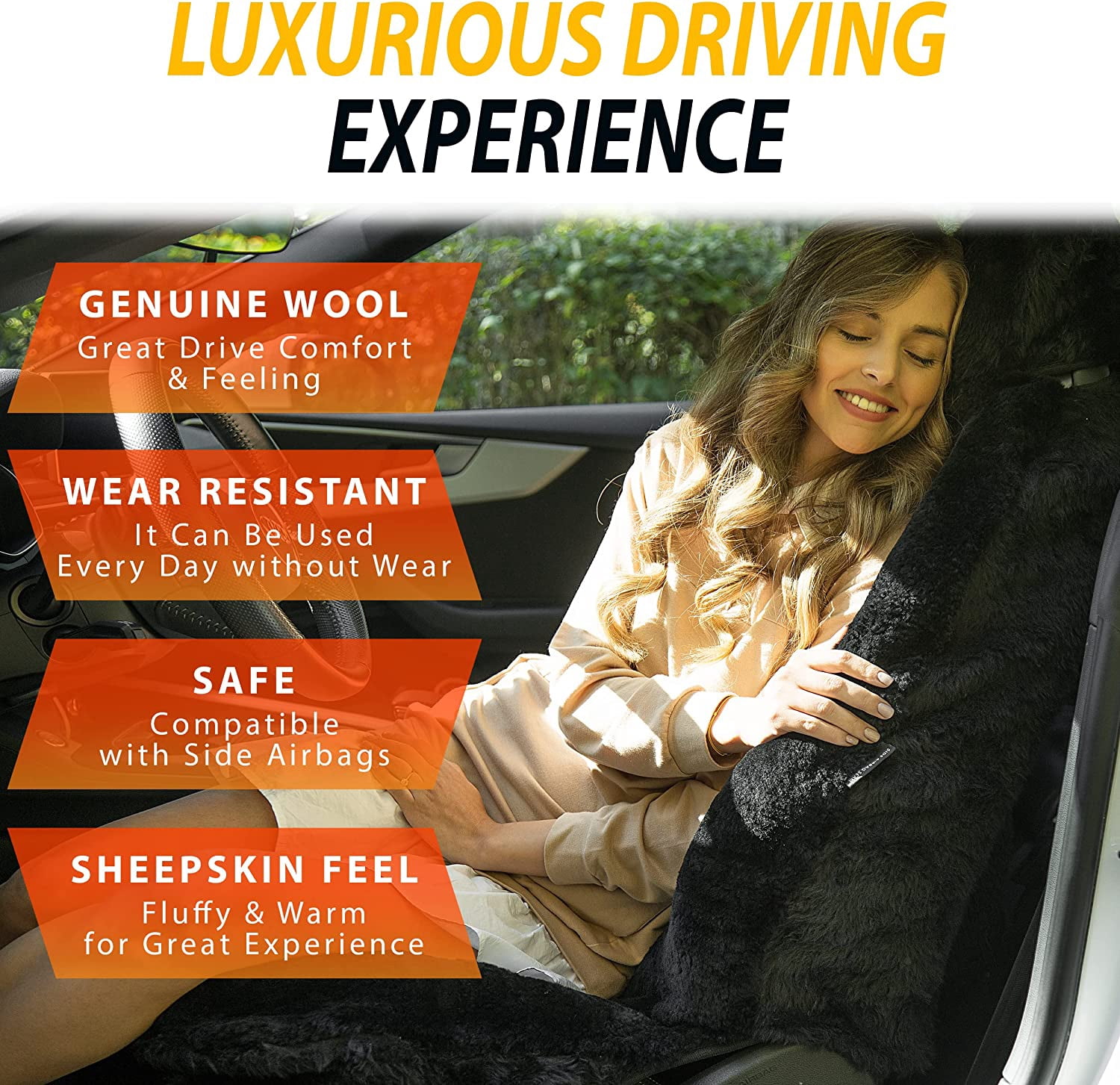 Zone Tech Genuine Sheepskin Black Car Seat Cover, Fluffy Luxury Wool Front Seat Covers, Universal Fits Car, Truck, SUV, & Van
