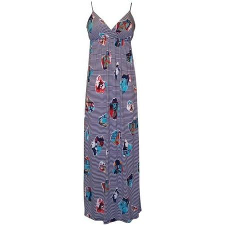 Retro Pop Art Photo Print Sundress Maxi Dress, 2X, Navy/Turquoise