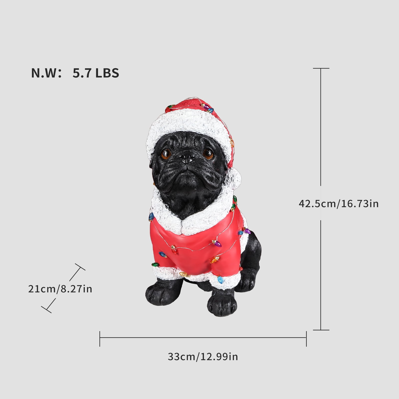 Pug Santa Outfit Christmas Dog Statue with Santa Hat Bulb Accents Holiday Tabletop Decor