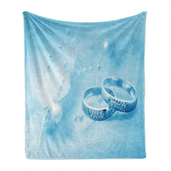 Wedding Soft Flannel Fleece Throw Blanket, Engagement Rings Pearls on Pastel Colored Dreamy Background Artwork Print, Cozy Plush for Indoor and Outdoor Use, 50" x 70", Pale Blue White, by Ambesonne