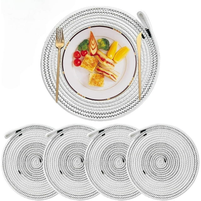 Woven Cotton Rope Placemats Set of 4, 12-Inch Heat-Resistant Round Place Mats with Hanging Ring, Braided Table Mats for Home Kitchen Party Wedding Tab