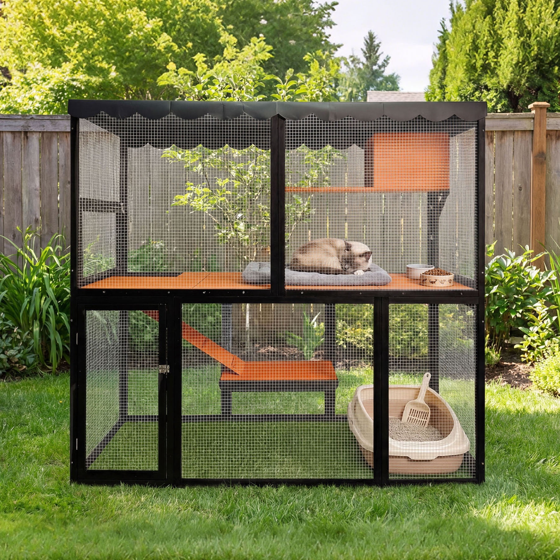 S-HOME Large Four-Tier Wooden Cat Enclosure in Black and Orange with Waterproof Cover and Ramp for Multiple Cats Indoor Outdoor Playhouse