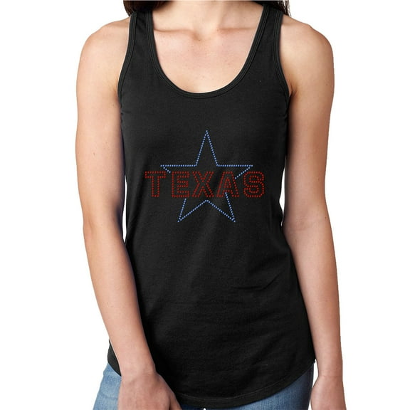 Womens T-Shirt Rhinestone Bling Black Tee Texas State Star Blue Red Tank Racer Back Small