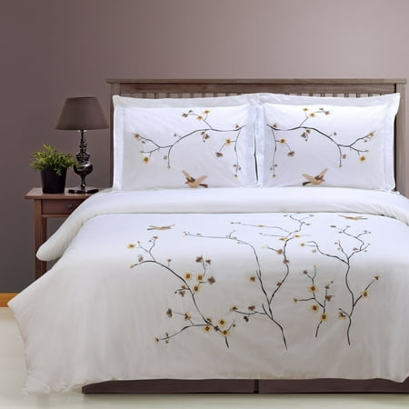 Superior Blossom Cotton Percale Embroidered 3-Piece Duvet Cover
