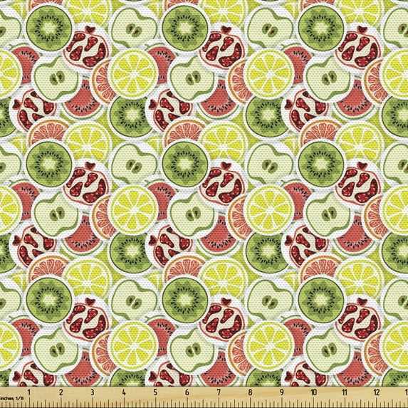 Fruit Upholstery Fabric by the Yard, Organic Food Themed Modern Pattern with Kiwi Pomegranate Lemon Watermelon and Apple, Decorative Fabric for DIY and Home Accents, Multicolor by Ambesonne