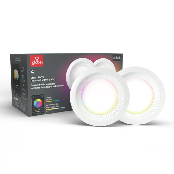 Globe Electric Wi-Fi Smart 4" Slim Baffle LED Multicolor Changing RGB Tunable White Recessed Lighting Kit 2-Pack, No Hub Required, Voice Activated, 9 Watts, 50284
