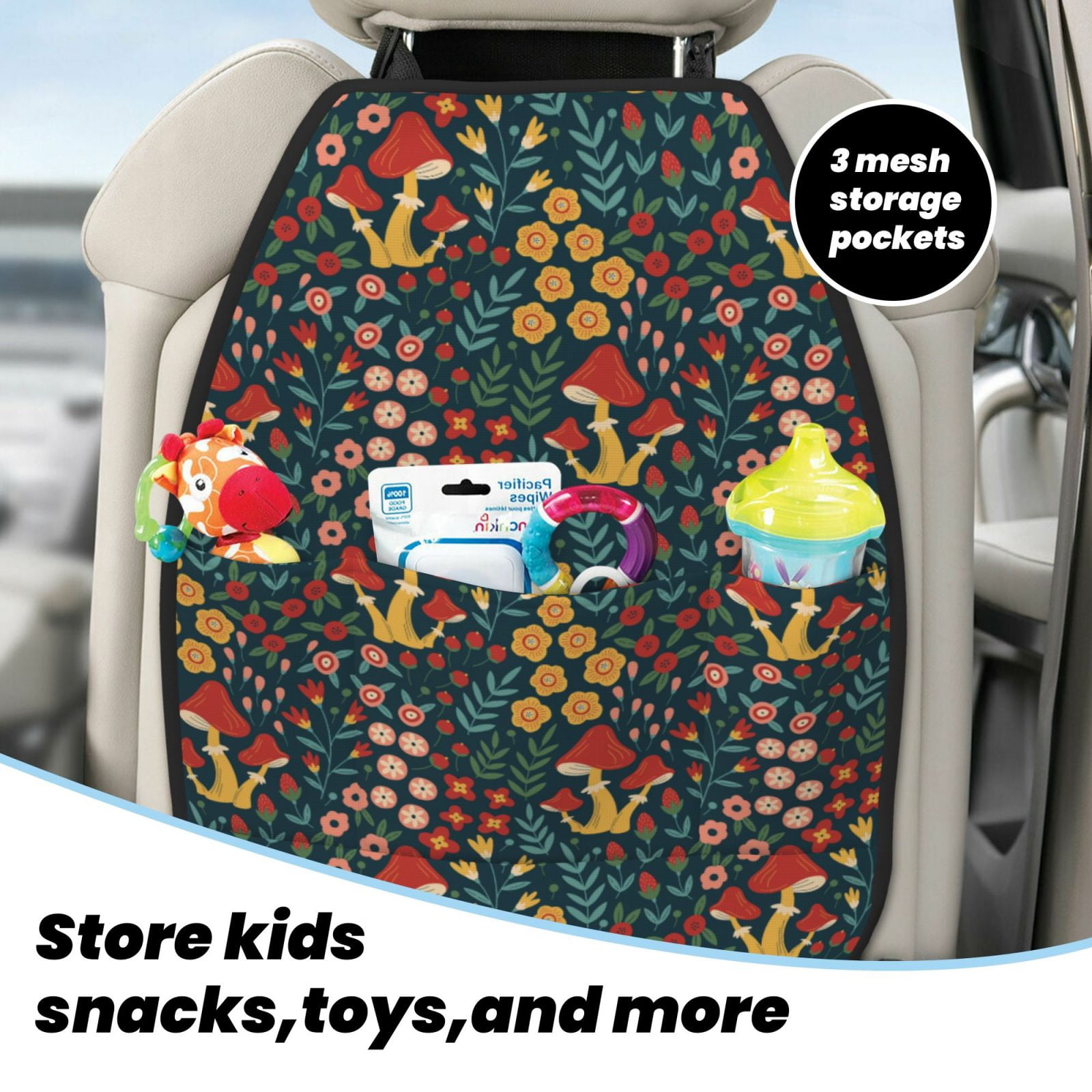 Xecao Berries and Flowers Pattern Car Seat Back Protector 2 Pack Large Capacity Pocket, Kick Mats Back Seat Protector
