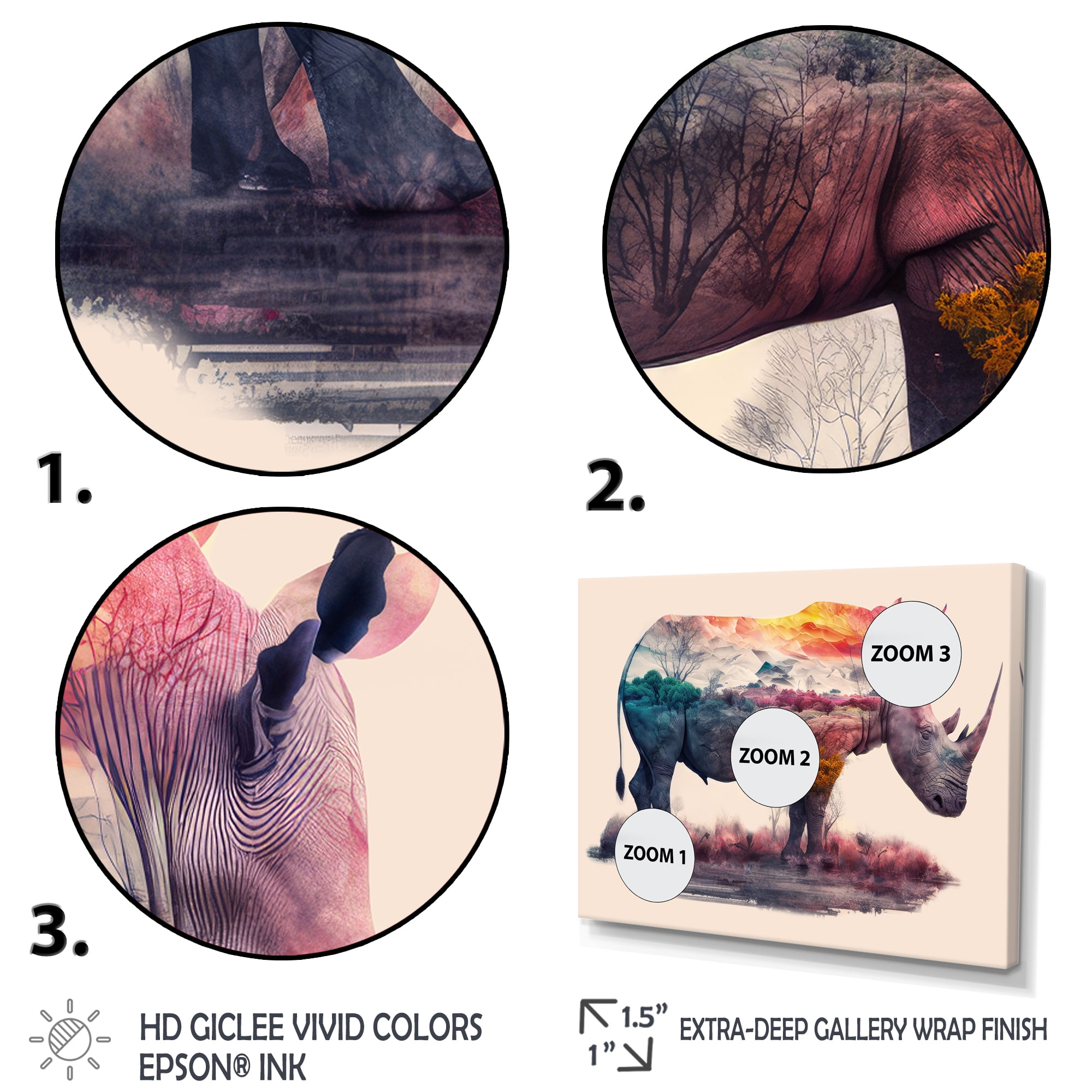 Designart Double Exposure Of A Rhino With African Landscape Canvas Wall Art