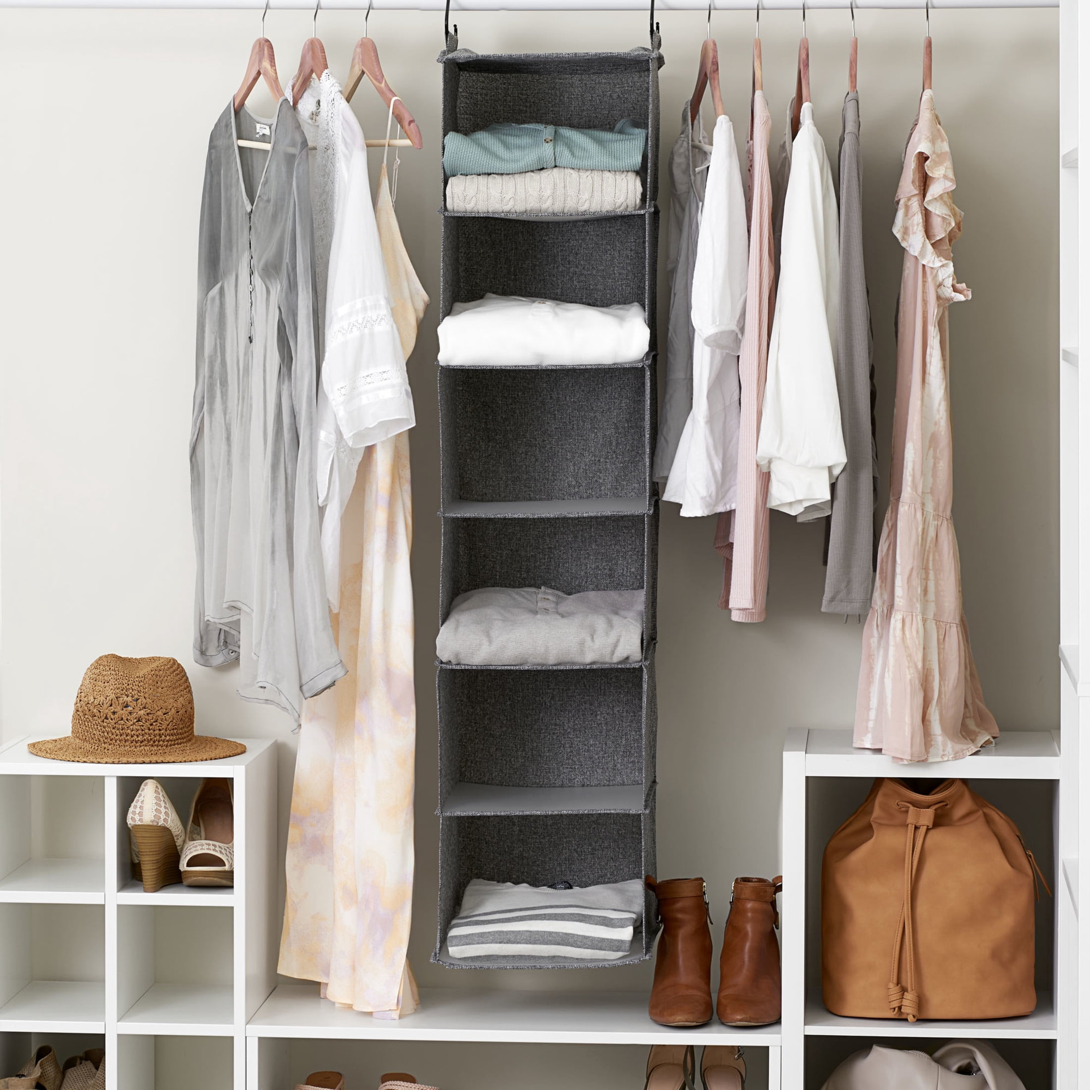 Household Essentials 6 Shelf Hanging Closet Organizer, Hanging Closet Shelf, Fabric Poly Linen and PEVA Shelving