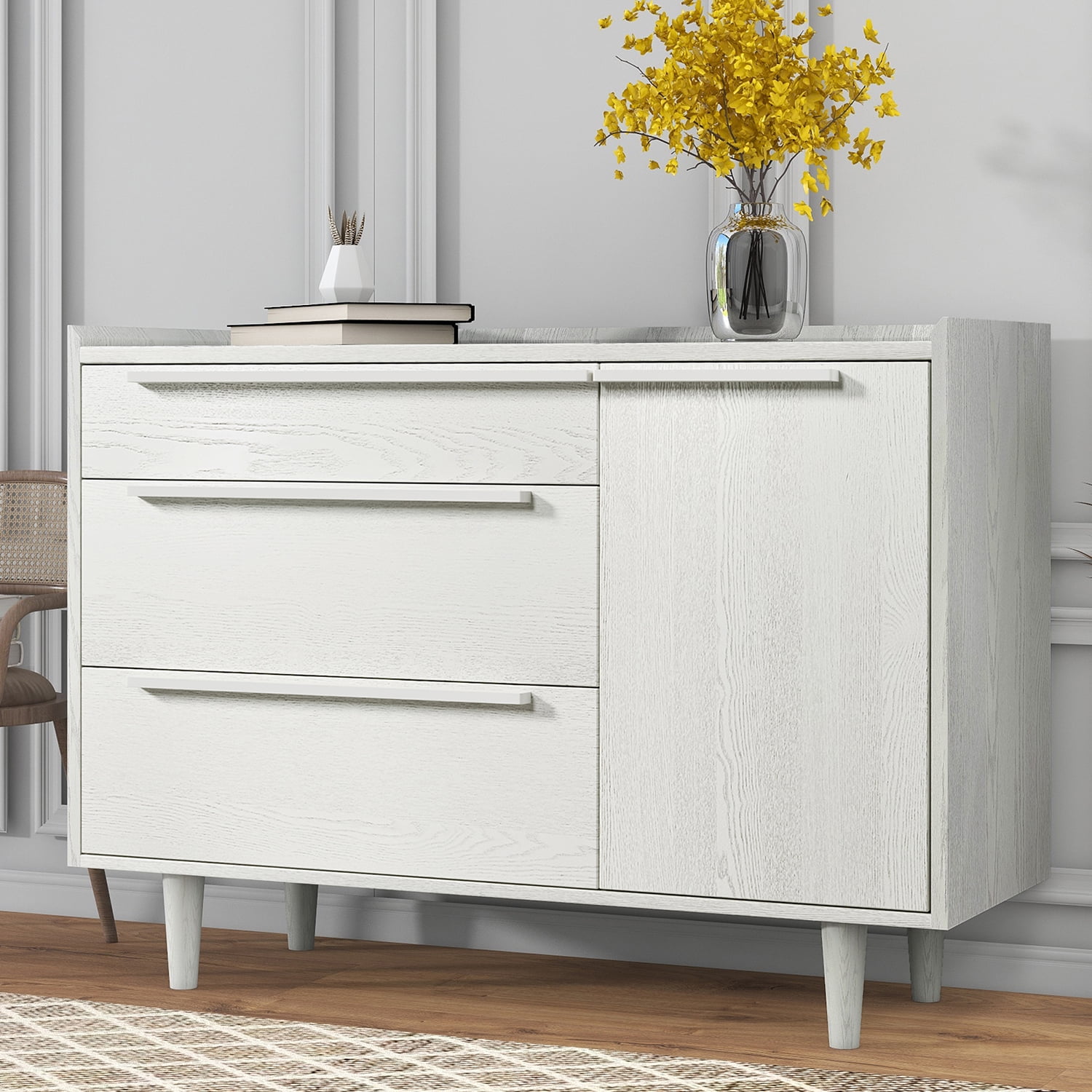 Kadyn Bedside Table, Modern Nightstand with 3-Drawer and Wood Legs, Bedside End Table for Living Room, White