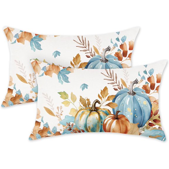 Fall Pumpkins Pillow Covers 12x20 Inch Set of 2 Farmhouse Leaves Autumn Thanksgiving Decor Lumbar Cushion Cases for Couch Home Decorations Blue