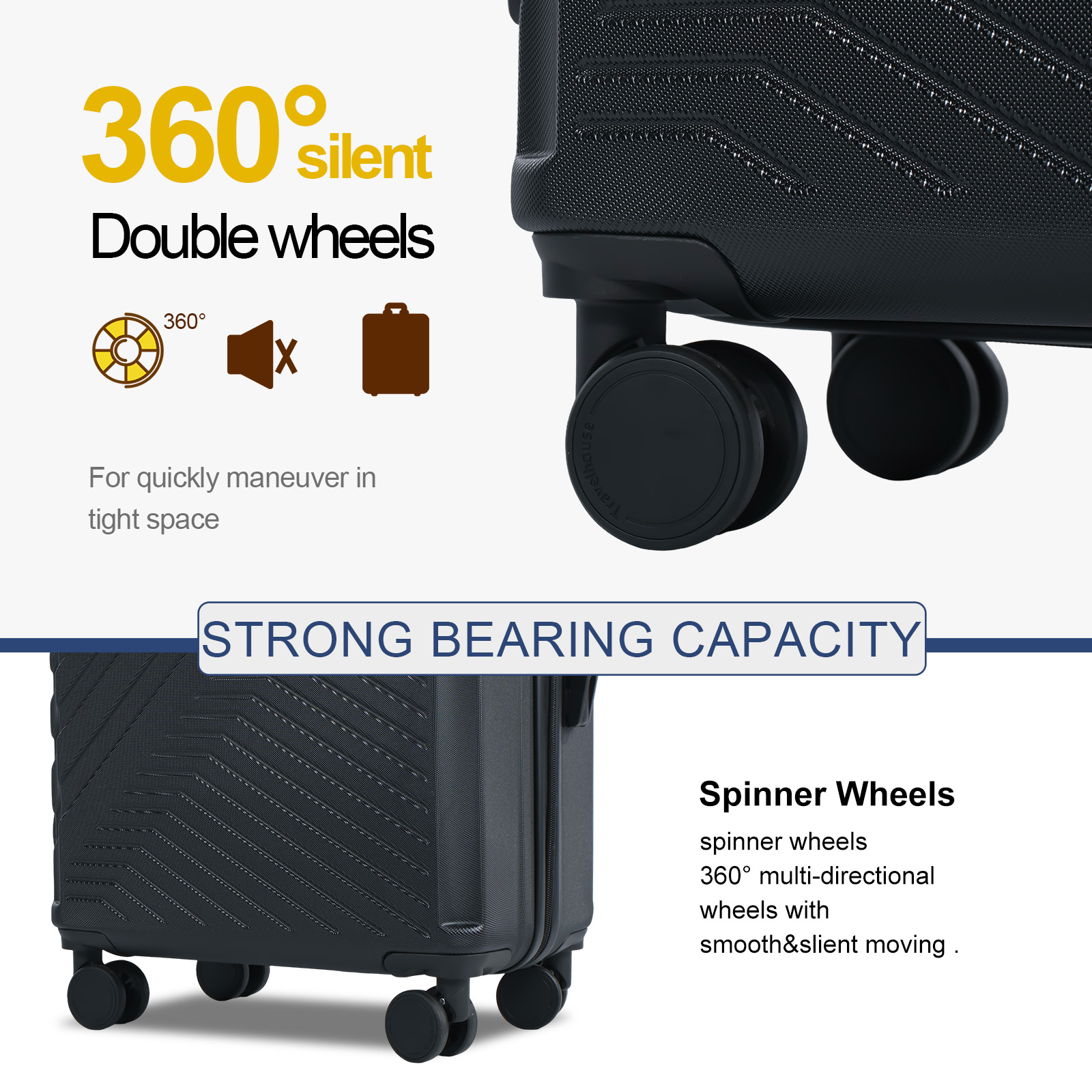 Travelhouse 3-Piece Hardside Luggage Set with TSA Lock Spinner Wheels, Black photo 4