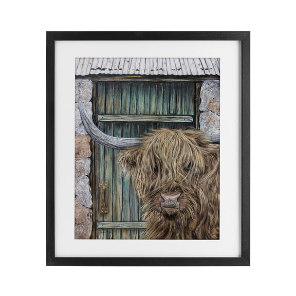 Highland Cow by Barn Door Black Framed Print Under Glass, design by Jean Plout