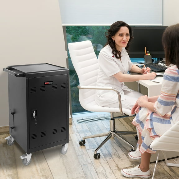 Classroom Storage Cart, 32 Unit Device Mobile Charging Cabinet Cart Includes Cable Management Dividers, Cable Clips, Storage Compartment, Back Access Locking Cabinet with 2 Key, (Black)