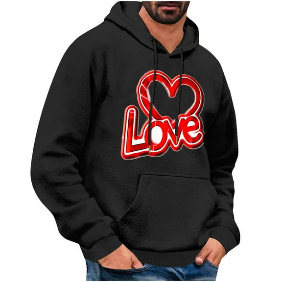 Goodeals Online Deals,Fashion Fleece Pullover Hoodies for Men Love Heart Print Hooded Teen Boys Trendy Sweatshirts Long Sleeve Drawstring Hoodie(Black,XXL)