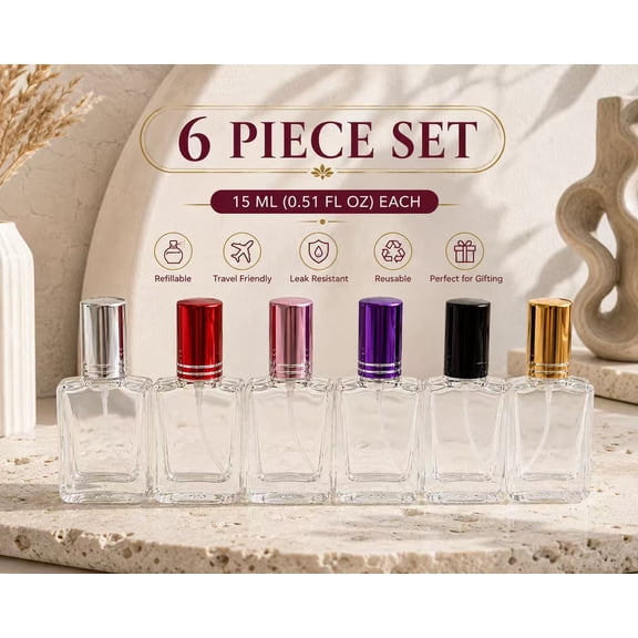 6-Piece 15 ml Refillable Empty Glass Perfume Spray Bottle Set, Portable Travel Atomizer, Assorted Color Caps, 0.51 fl oz Each