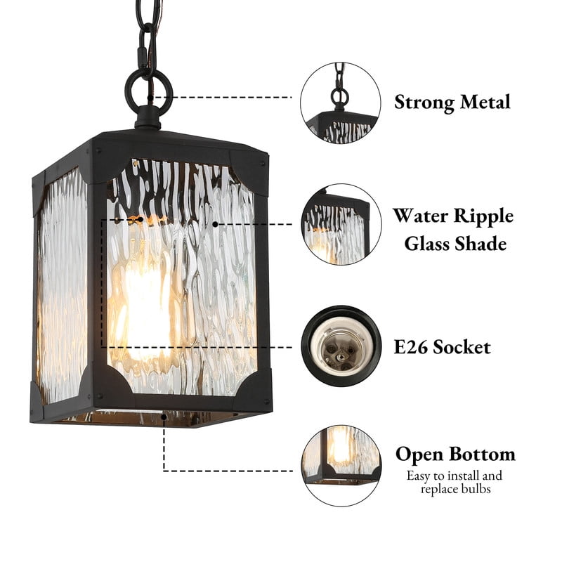 LNC Black Modern Outdoor Pendant with Water Glass Cylinder Shade, Medium LED Light
