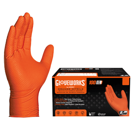 GLOVEWORKS Heavy Duty Orange Gloves for Mechanics, Auto, Nitrile, L, 100 Count