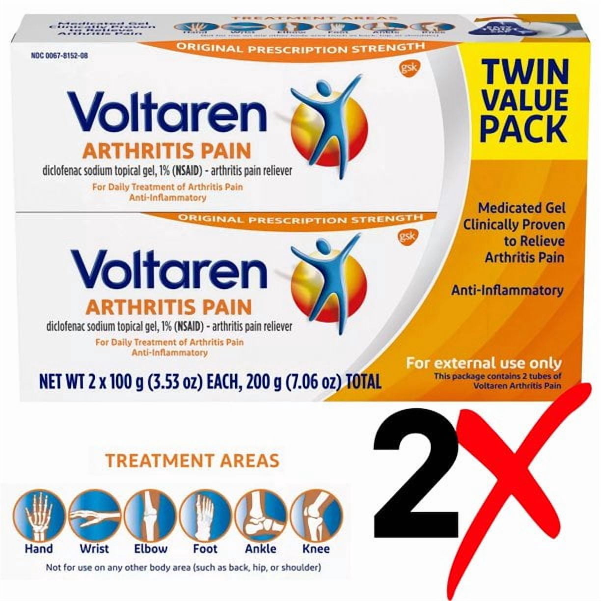 Voltaren Arthritis Pain Relief Gel, Diclofenac Sodium 1% (NSAID), Original Prescription Strength, Twin Value Pack, 2 Tubes 3.53 oz Each (7.06 oz Total)