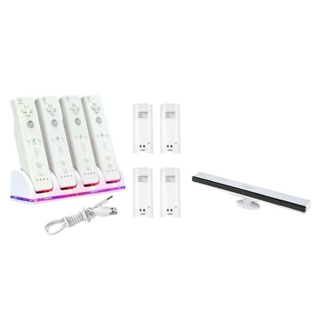 Insten White 4-Port Remote Charging Dock Station with 4-pack 2800mah Battery + Wireless Sensor Bar For Nintendo Wii